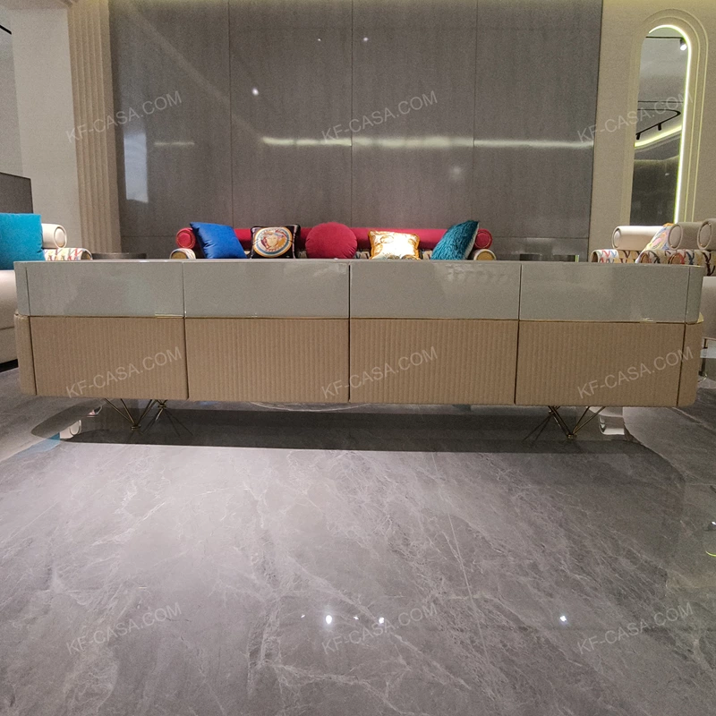 Luxury TV Stand with Dark Marble Top Cream Gloss Frame and Fluted Storage Panels